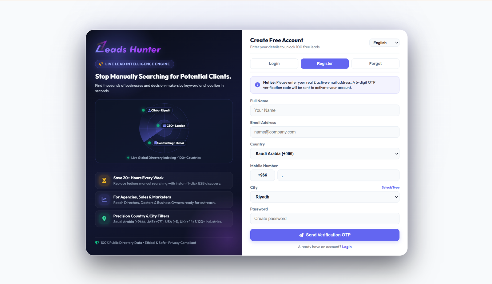 Leads Hunter Register Page